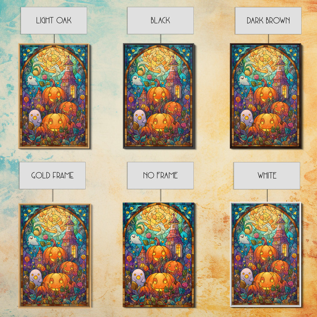 The Starry Pumpkin Farm, Stained Glass Halloween, Vertical Wall Art, Canvas Print, Cute Halloween Wall Art