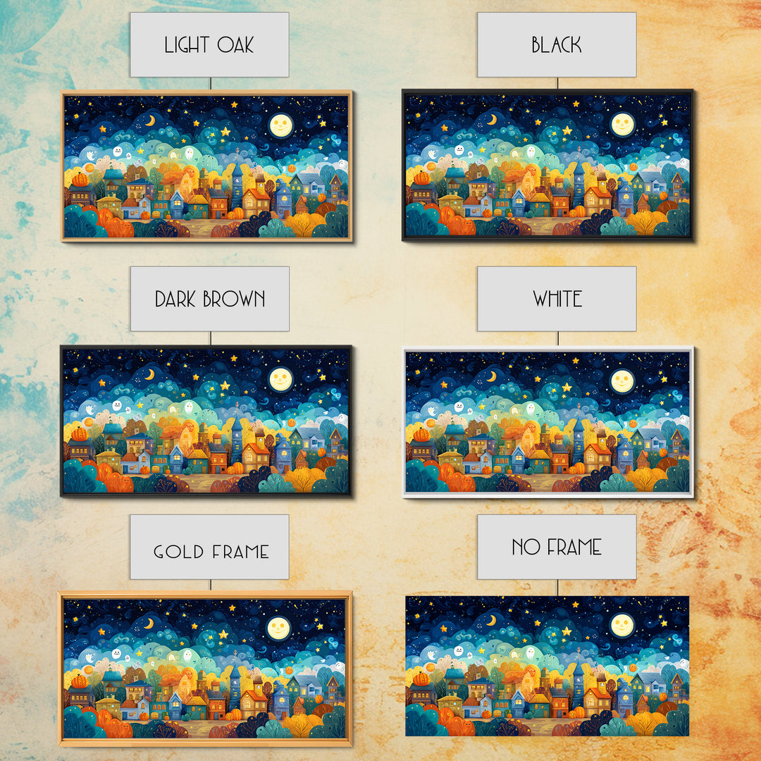 The Rainbow Halloween Night, Vector Halloween Art, Wide Panoramic Art, Framed Canvas Print, Cute Halloween Wall Art