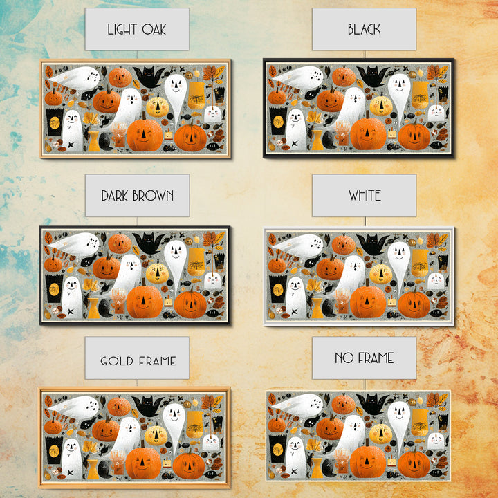 The Halloween Craft Table, Screenprint Halloween Art, Wide Panoramic Art, Framed Canvas Print, Cute Halloween Wall Art