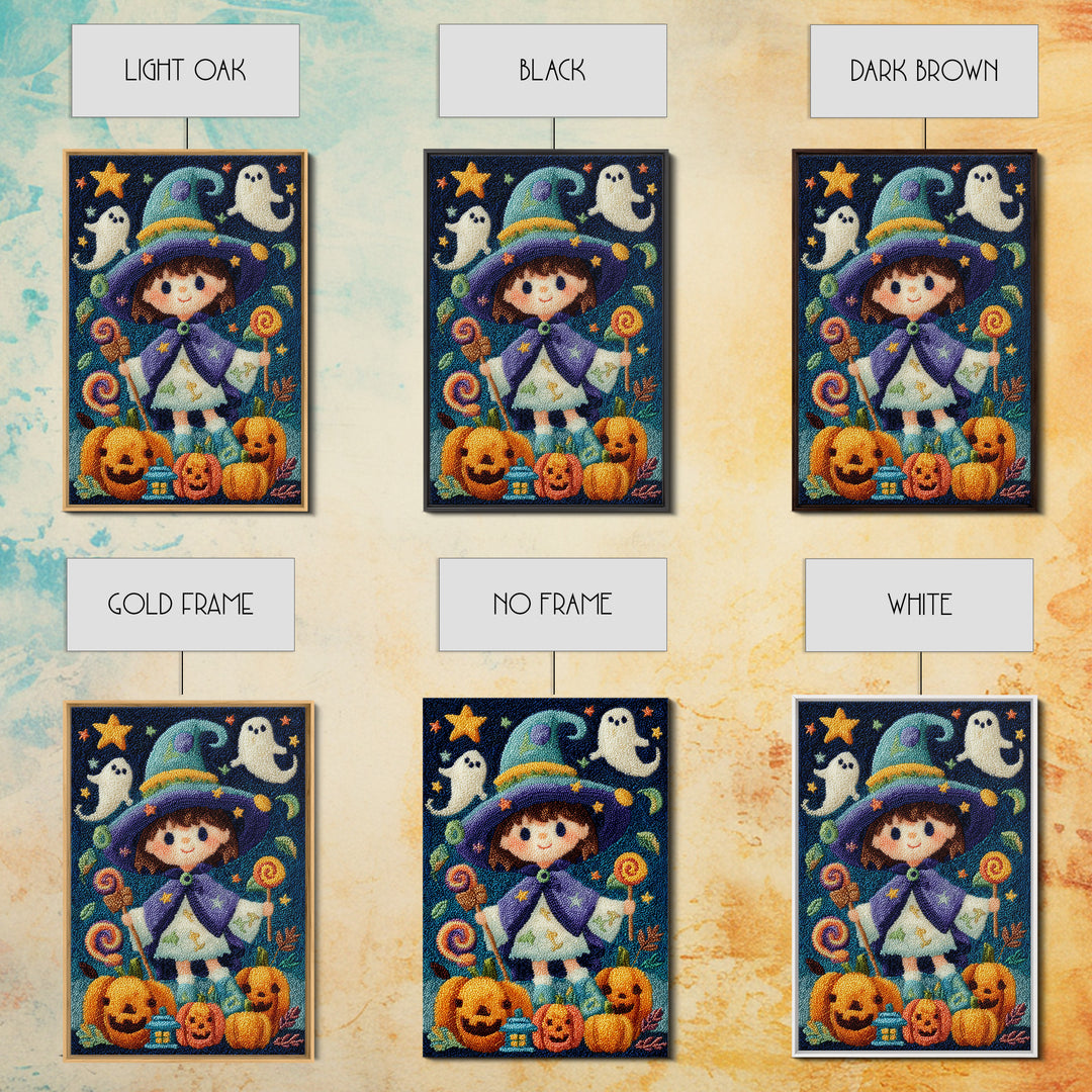 The Star-Cape Magician, Embroidered Halloween Art, Vertical Wall Art, Canvas Print, Cute Halloween Wall Art