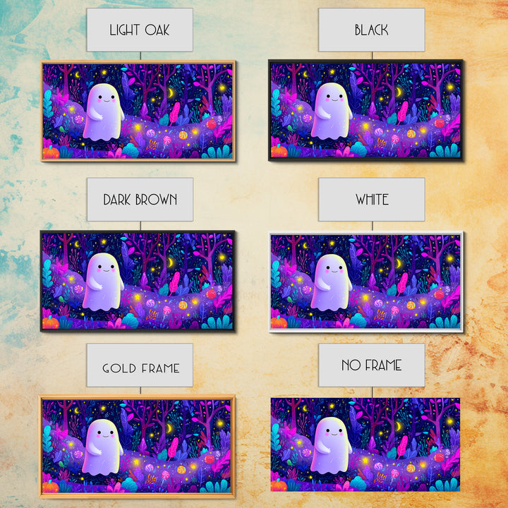 The Ghost And Firefly Friends, Vaporwave Halloween Art, Wide Panoramic Art, Framed Canvas Print, Cute Halloween Wall Art