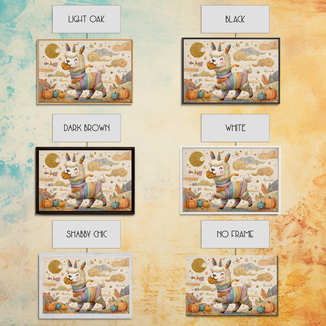 The Llama Mummy, Watercolor Halloween Art, Landscape Wall Art, Framed Canvas Print, Cute Halloween Wall Art