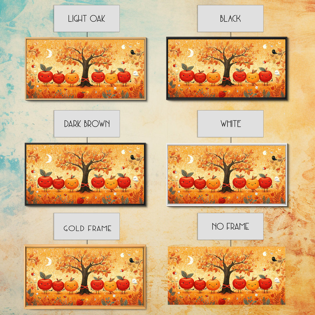 The Caramel Apple Friends, Crayon Halloween Art, Wide Panoramic Art, Framed Canvas Print, Cute Halloween Wall Art