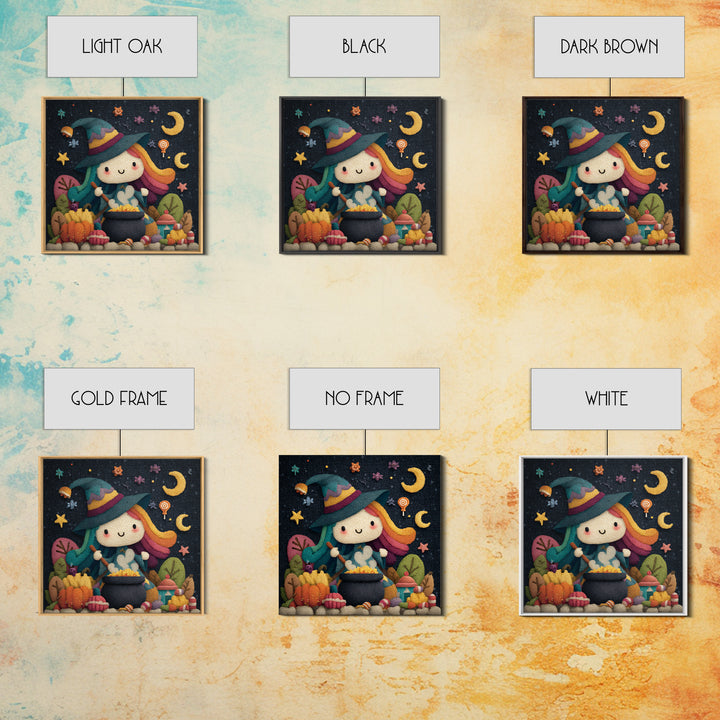The Rainbow-Cauldron Witch, Plush Halloween Art, Square Wall Art, Canvas Print, Cute Halloween Wall Art
