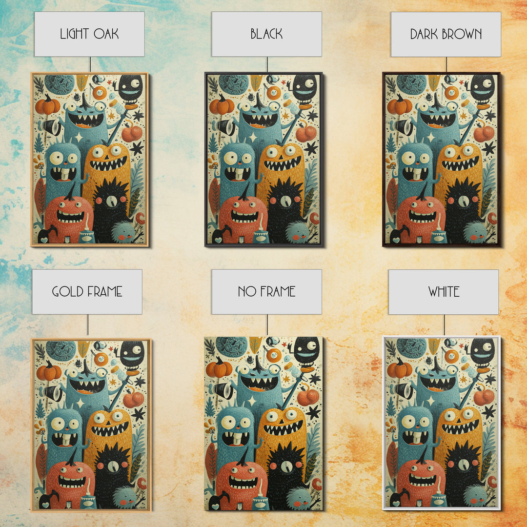 The Monster Toothbrush Club, Retro Halloween Art, Vertical Wall Art, Canvas Print, Cute Halloween Wall Art