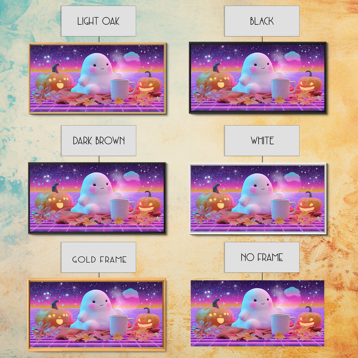 The Marshmallow Ghost, Cute Spooky Neon Art, Wide Panoramic Art, Canvas Print, Retro Halloween Decor, Neon Wall Art, Seasonal Home Decor