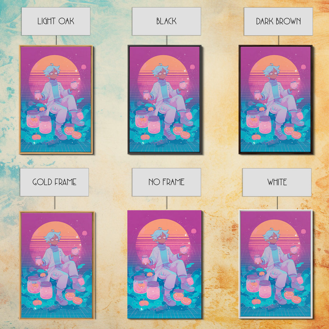 The Moonbeam Wizard, Vaporwave Halloween Decor, Vertical Wall Art, Framed Canvas Print, Retro Halloween Decor, Neon Wall Art