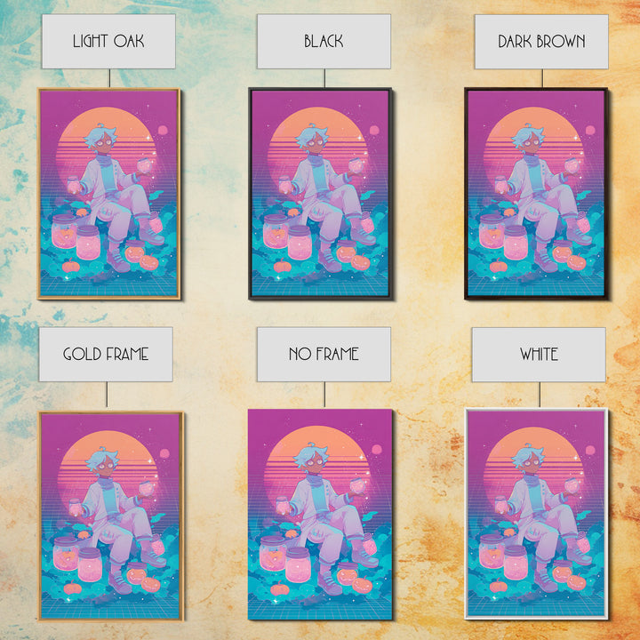 The Moonbeam Wizard, Vaporwave Halloween Decor, Vertical Wall Art, Framed Canvas Print, Retro Halloween Decor, Neon Wall Art
