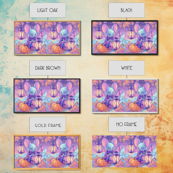 The Bow-Tie Bat, Vaporwave Halloween Decor, Wide Panoramic Art, Framed Canvas Print, Retro Halloween Decor, Neon Wall Art