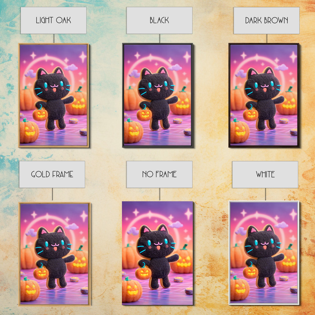 The Black Cat Baker, Cute Spooky Neon Art, Vertical Wall Art, Canvas Print, Retro Halloween Decor, Neon Wall Art, Horror Wall Art
