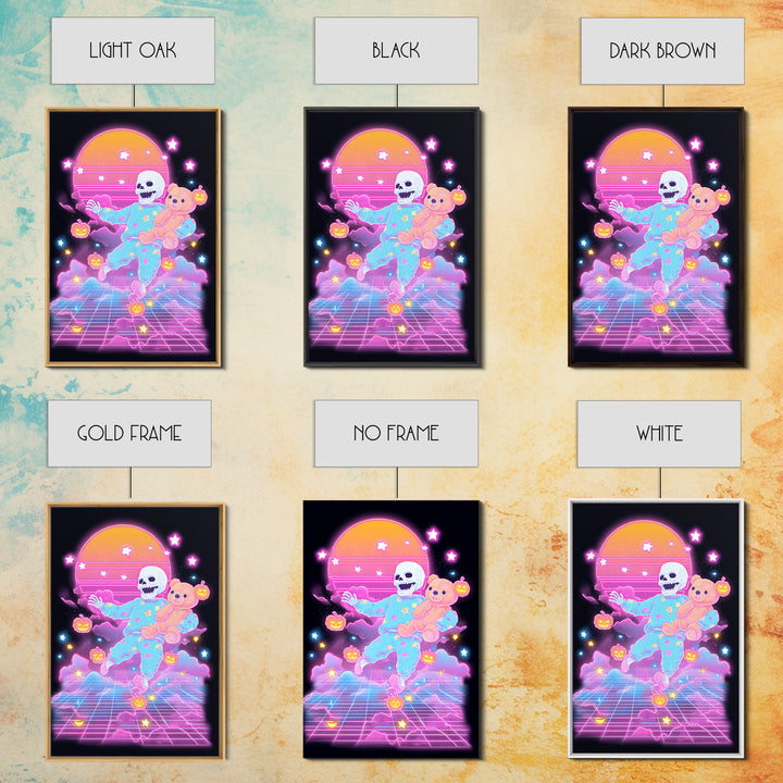 The Pajama Skeleton, Synthwave Halloween Art, Vertical Wall Art, Framed Canvas Print, Retro Halloween Decor, Neon Wall Art