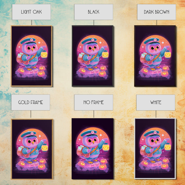 The Owl Postmaster, Cute Spooky Neon Art, Vertical Wall Art, Framed Canvas Print, Retro Halloween Decor, Neon Wall Art, Halloween Wall Art