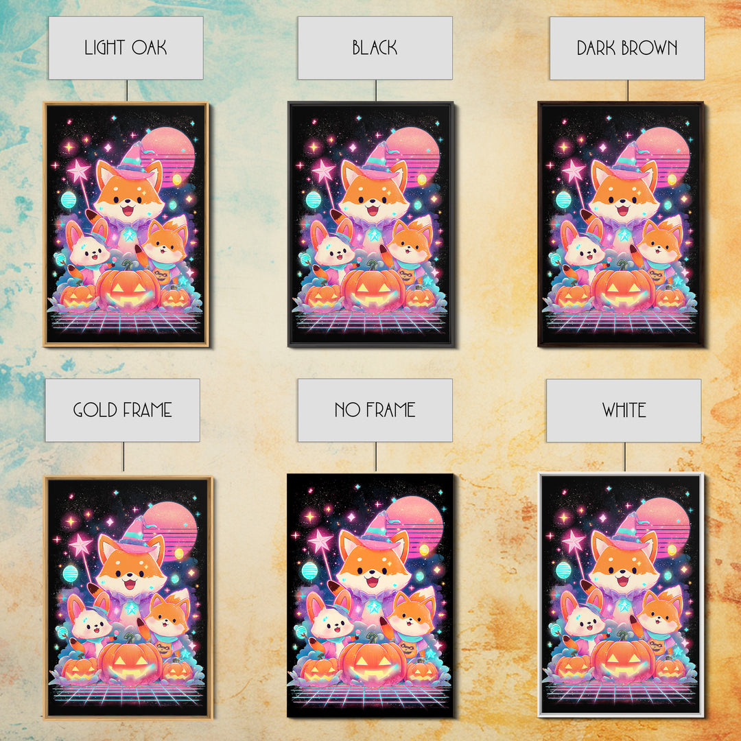 The Fox Wizard, Cute Spooky Neon Art, Vertical Wall Art, Framed Canvas Print, Retro Halloween Decor, Neon Wall Art, Horror Wall Art