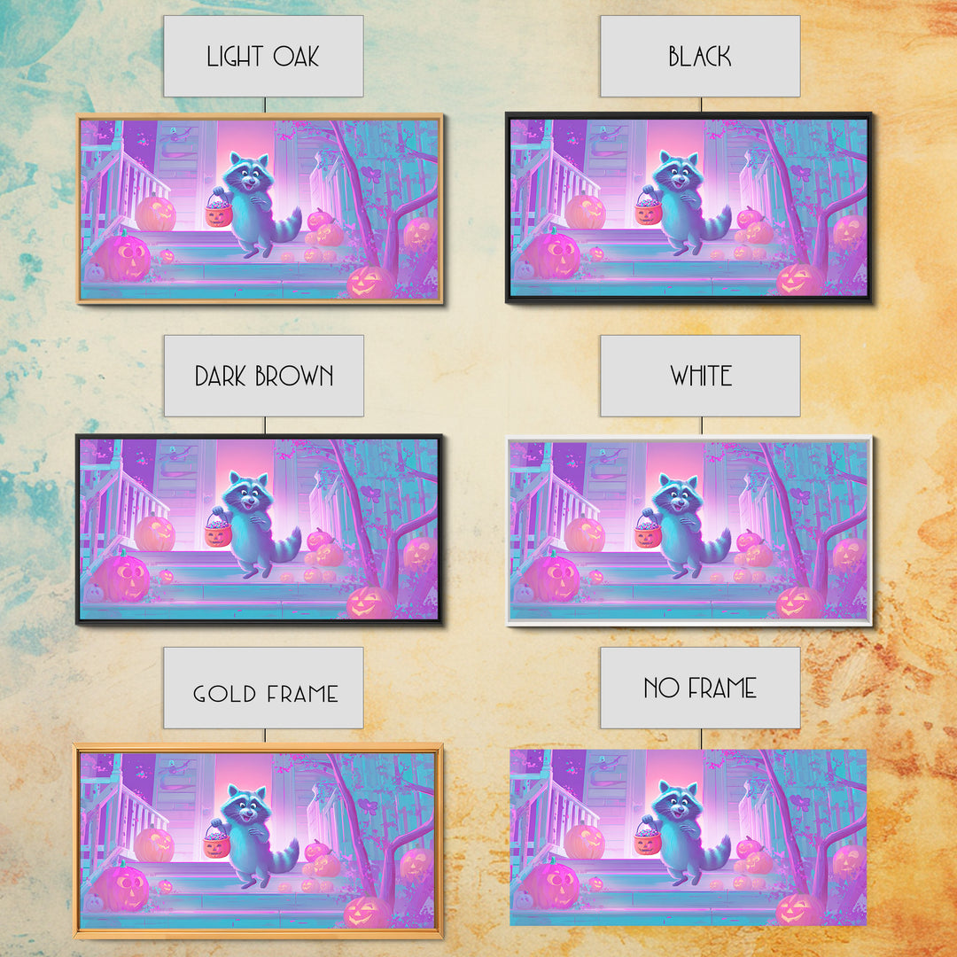 The Raccoon Trick-Or-Treater, Cute Spooky Neon Art, Wide Panoramic Art, Canvas Print, Retro Halloween Decor, Neon Wall Art