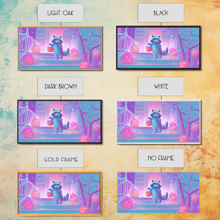 The Raccoon Trick-Or-Treater, Cute Spooky Neon Art, Wide Panoramic Art, Canvas Print, Retro Halloween Decor, Neon Wall Art