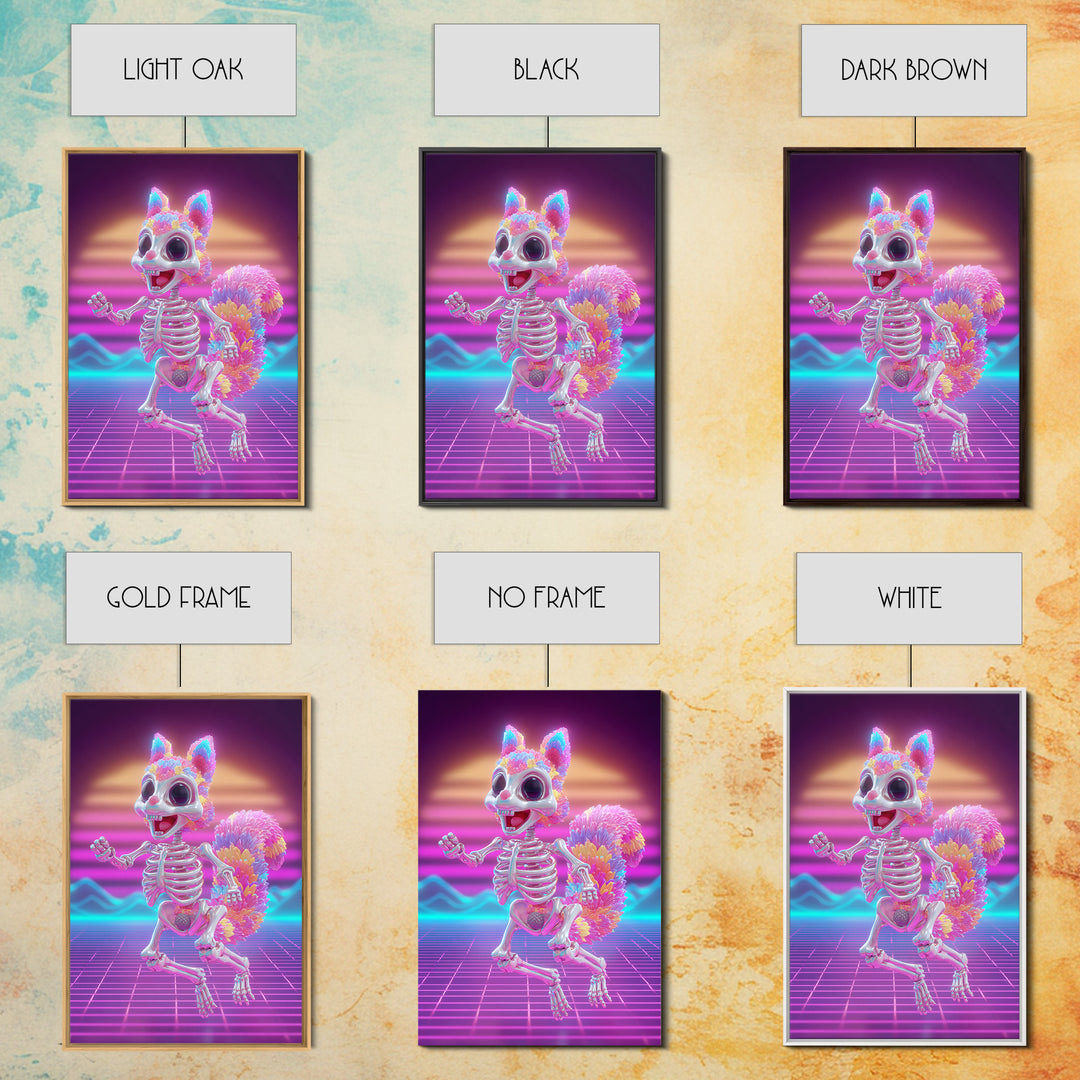 The Squirrel Skeleton, Vaporwave Halloween Decor, Vertical Wall Art, Canvas Print, Retro Halloween Decor, Neon Wall Art