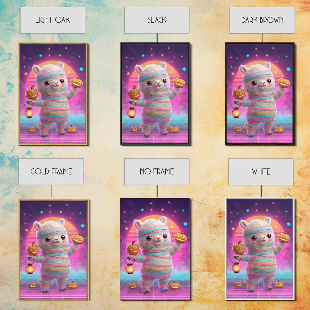 The Llama Mummy, Cute Spooky Neon Art, Vertical Wall Art, Framed Canvas Print, Retro Halloween Decor, Neon Wall Art, Macabre Wall Art