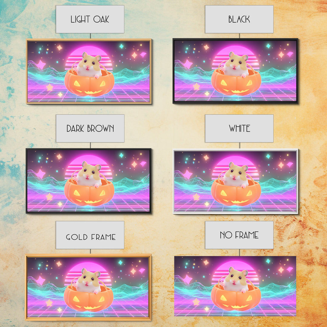 The Pumpkin Hamster, Retro Neon Halloween Art, Wide Panoramic Art, Framed Canvas Print, Retro Halloween Decor, Neon Wall Art