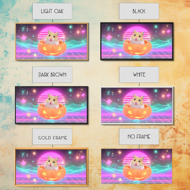 The Pumpkin Hamster, Retro Neon Halloween Art, Wide Panoramic Art, Framed Canvas Print, Retro Halloween Decor, Neon Wall Art