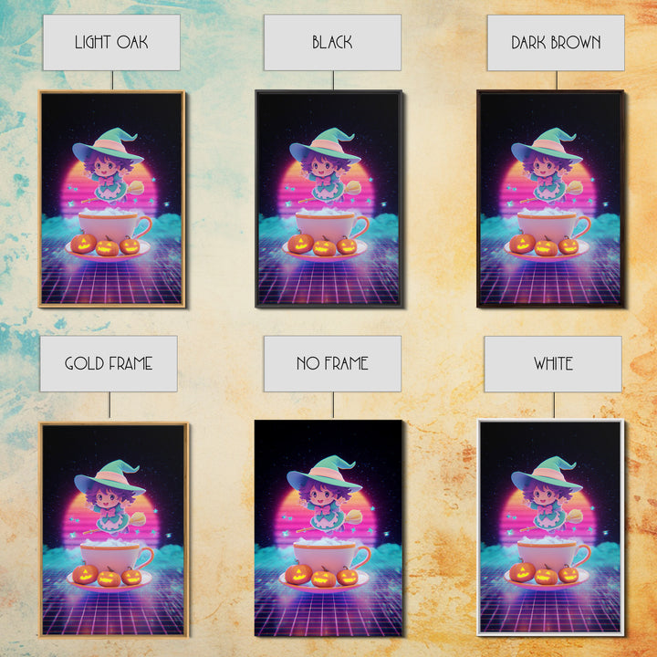The Teacup Witch, Cute Spooky Neon Art, Vertical Wall Art, Framed Canvas Print, Retro Halloween Decor, Neon Wall Art, Seasonal Home Decor