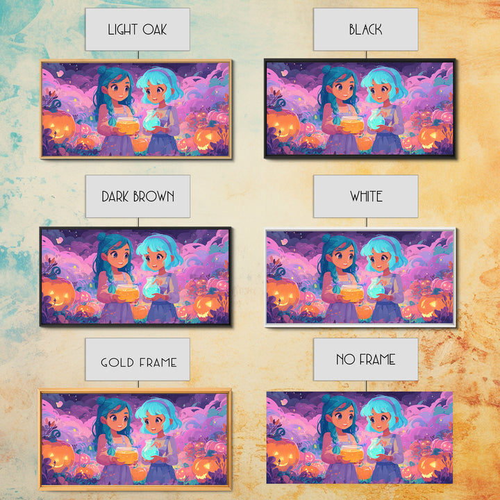 The Pumpkin Potion Twins, 80s Halloween Wall Art, Wide Panoramic Art, Canvas Print, Retro Halloween Decor, Neon Wall Art, Spooky Wall Decor