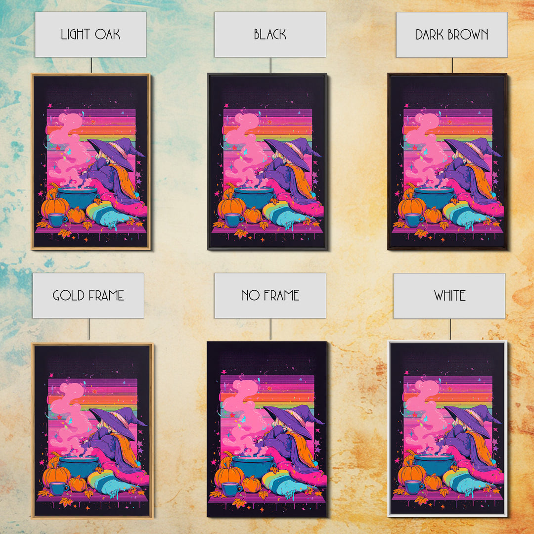 The Rainbow-Cauldron Witch, Vaporwave Halloween Decor, Vertical Wall Art, Canvas Print, Retro Halloween Decor, Neon Wall Art
