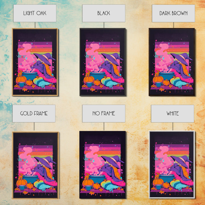 The Rainbow-Cauldron Witch, Vaporwave Halloween Decor, Vertical Wall Art, Canvas Print, Retro Halloween Decor, Neon Wall Art