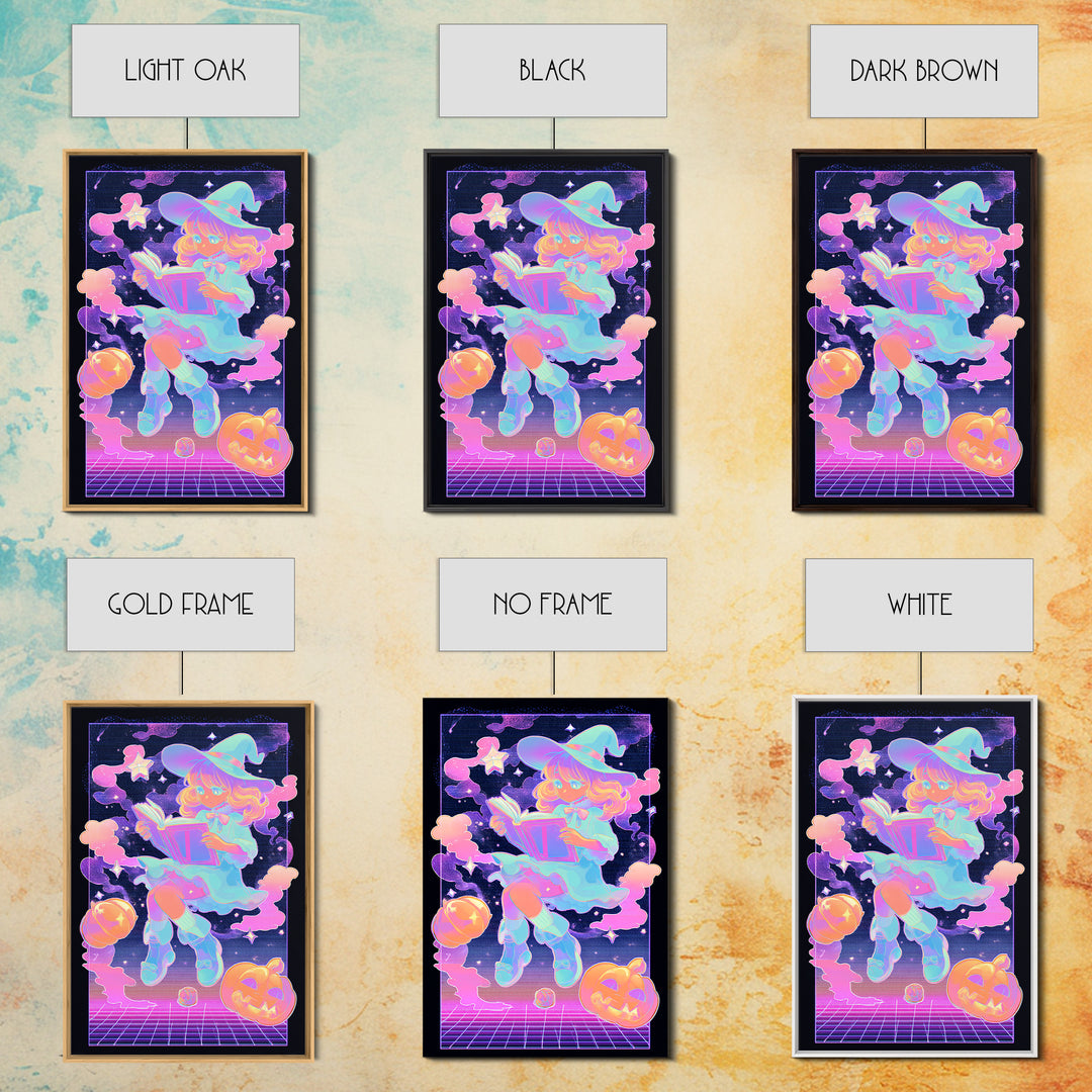 The Spellbook Sleepover, Synthwave Halloween Art, Vertical Wall Art, Canvas Print, Retro Halloween Decor, Neon Wall Art