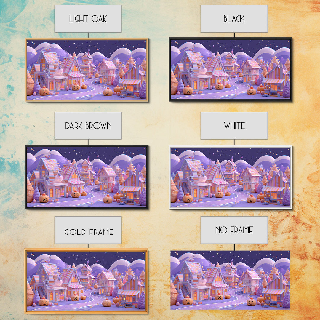 Candy Corn Village, 80s Halloween Wall Art, Wide Panoramic Art, Framed Canvas Print, Retro Halloween Decor, Neon Wall Art