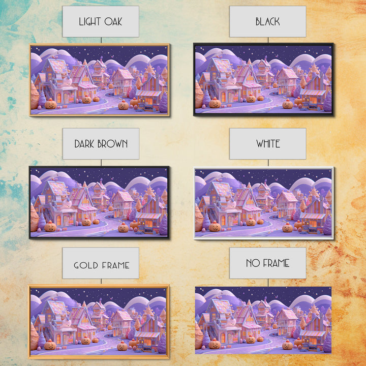 Candy Corn Village, 80s Halloween Wall Art, Wide Panoramic Art, Framed Canvas Print, Retro Halloween Decor, Neon Wall Art