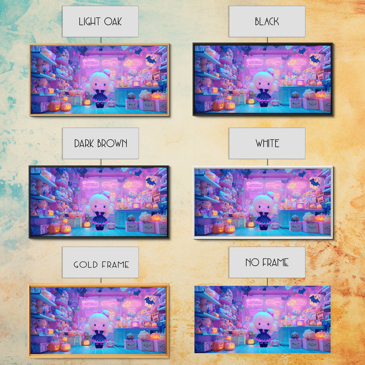 The Moonlight Toy Shop, Vaporwave Halloween Decor, Wide Panoramic Art, Canvas Print, Retro Halloween Decor, Neon Wall Art
