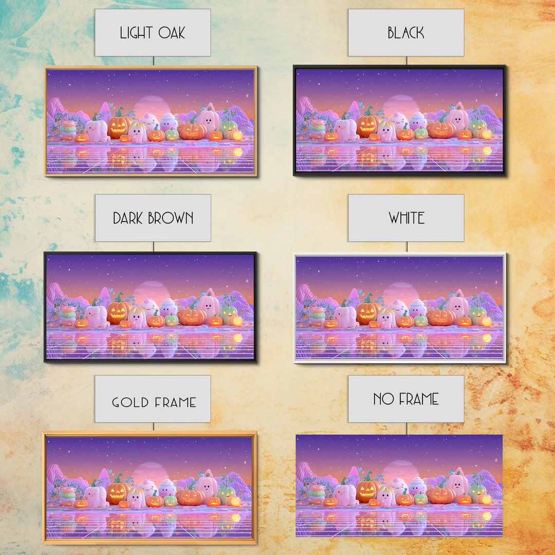 The Pumpkin Patch Playground, Vaporwave Halloween Decor, Wide Panoramic Art, Framed Canvas Print, Retro Halloween Decor, Neon Wall Art