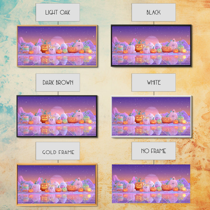 The Pumpkin Patch Playground, Vaporwave Halloween Decor, Wide Panoramic Art, Framed Canvas Print, Retro Halloween Decor, Neon Wall Art