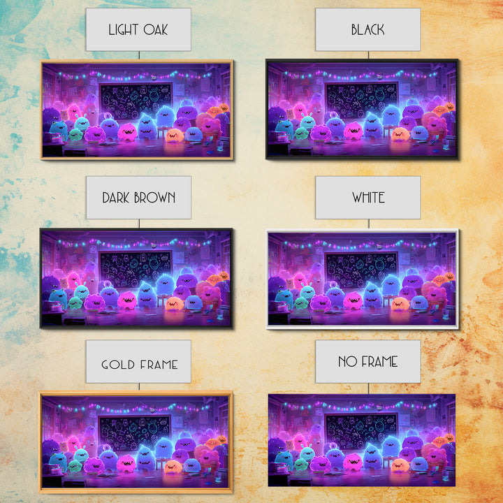 The Little Monster School, Vaporwave Halloween Decor, Wide Panoramic Art, Canvas Print, Retro Halloween Decor, Neon Wall Art