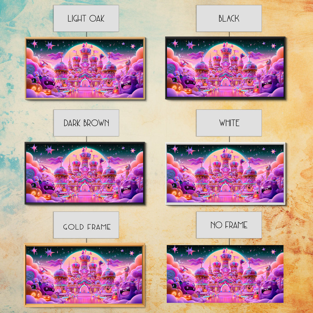 The Candy Castle, Vaporwave Halloween Decor, Wide Panoramic Art, Canvas Print, Retro Halloween Decor, Neon Wall Art, Horror Wall Art