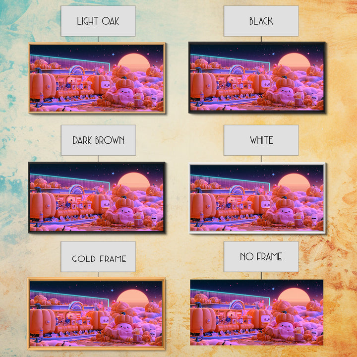 The Pumpkin Train Station, 80s Halloween Wall Art, Wide Panoramic Art, Framed Canvas Print, Retro Halloween Decor, Neon Wall Art