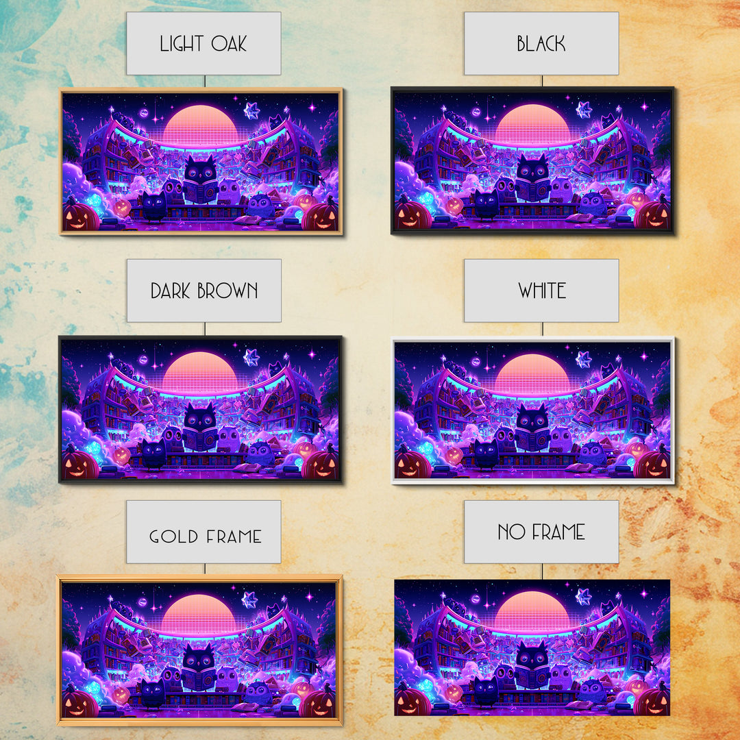 The Moonbeam Library, Vaporwave Halloween Decor, Wide Panoramic Art, Canvas Print, Retro Halloween Decor, Neon Wall Art, Macabre Wall Art