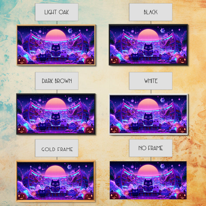 The Moonbeam Library, Vaporwave Halloween Decor, Wide Panoramic Art, Canvas Print, Retro Halloween Decor, Neon Wall Art, Macabre Wall Art