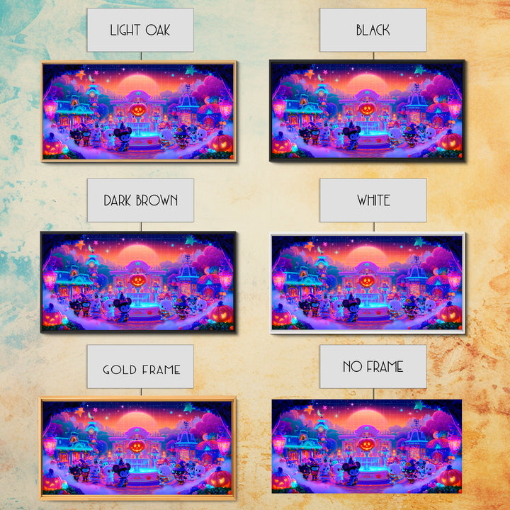 The Trick-Or-Treat Village Square, Synthwave Halloween Art, Wide Panoramic Art, Framed Canvas Print, Retro Halloween Decor, Neon Wall Art