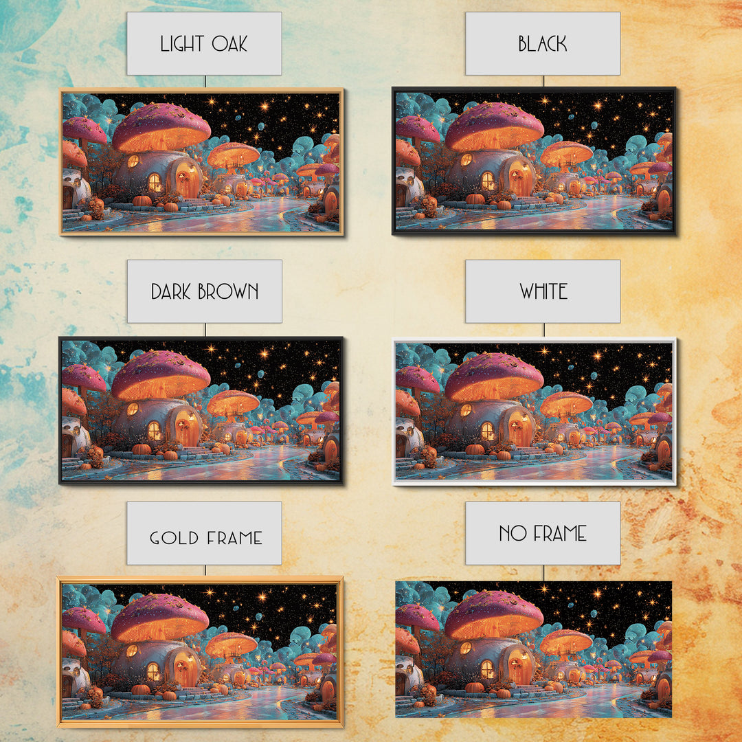 The Lantern-Lit Mushroom Village, Retro Neon Halloween Art, Wide Panoramic Art, Canvas Print, Retro Halloween Decor, Neon Wall Art