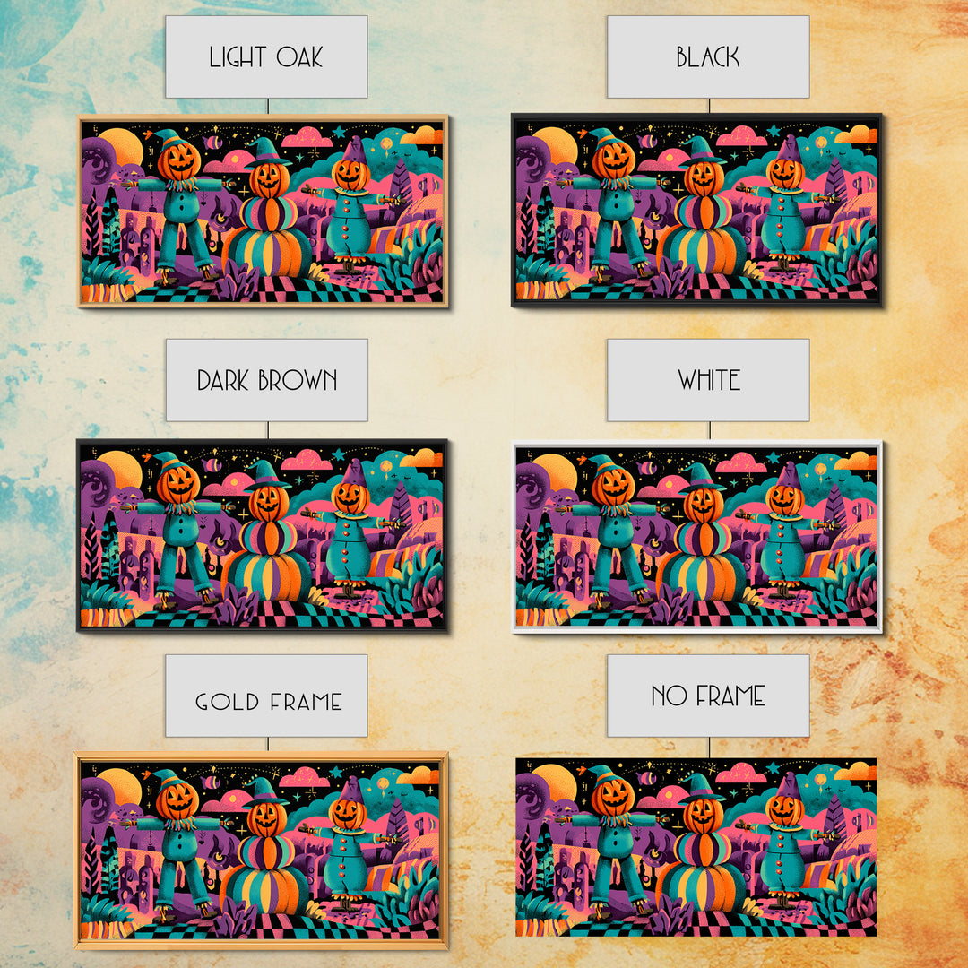 The Starry Pumpkin Farm, 80s Halloween Wall Art, Wide Panoramic Art, Canvas Print, Retro Halloween Decor, Neon Wall Art, Horror Wall Art