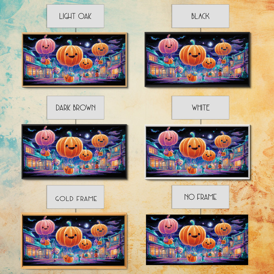 The Pumpkin Balloon Parade, 80s Halloween Wall Art, Wide Panoramic Art, Canvas Print, Retro Halloween Decor, Neon Wall Art