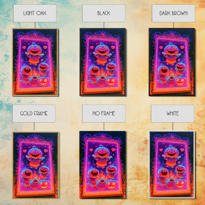 The Pumpkin Family Portrait, Synthwave Halloween Art, Vertical Wall Art, Framed Canvas Print, Retro Halloween Decor, Neon Wall Art