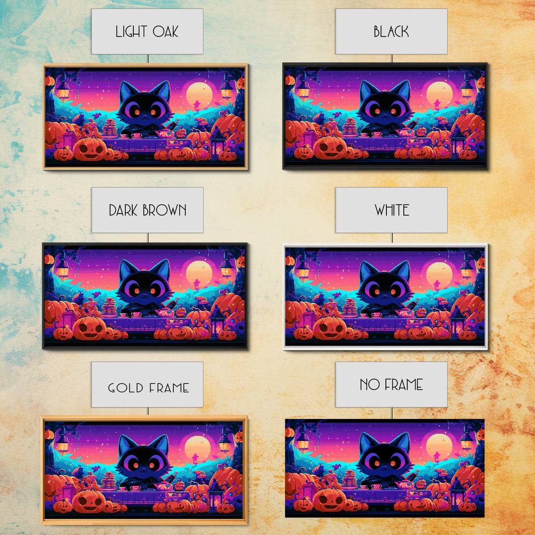The Pumpkin Tea Party, 80s Halloween Wall Art, Wide Panoramic Art, Canvas Print, Retro Halloween Decor, Neon Wall Art