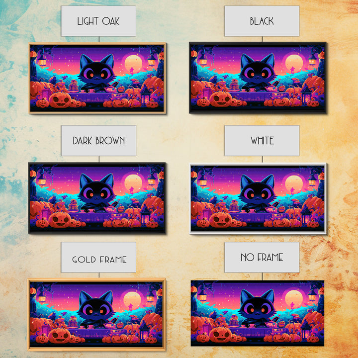 The Pumpkin Tea Party, 80s Halloween Wall Art, Wide Panoramic Art, Canvas Print, Retro Halloween Decor, Neon Wall Art