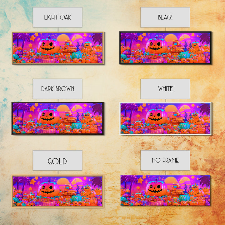 The Pumpkin Tea Party, Cute Spooky Neon Art, Extra Wide Wall Art, Framed Canvas Print, Retro Halloween Decor, Neon Wall Art