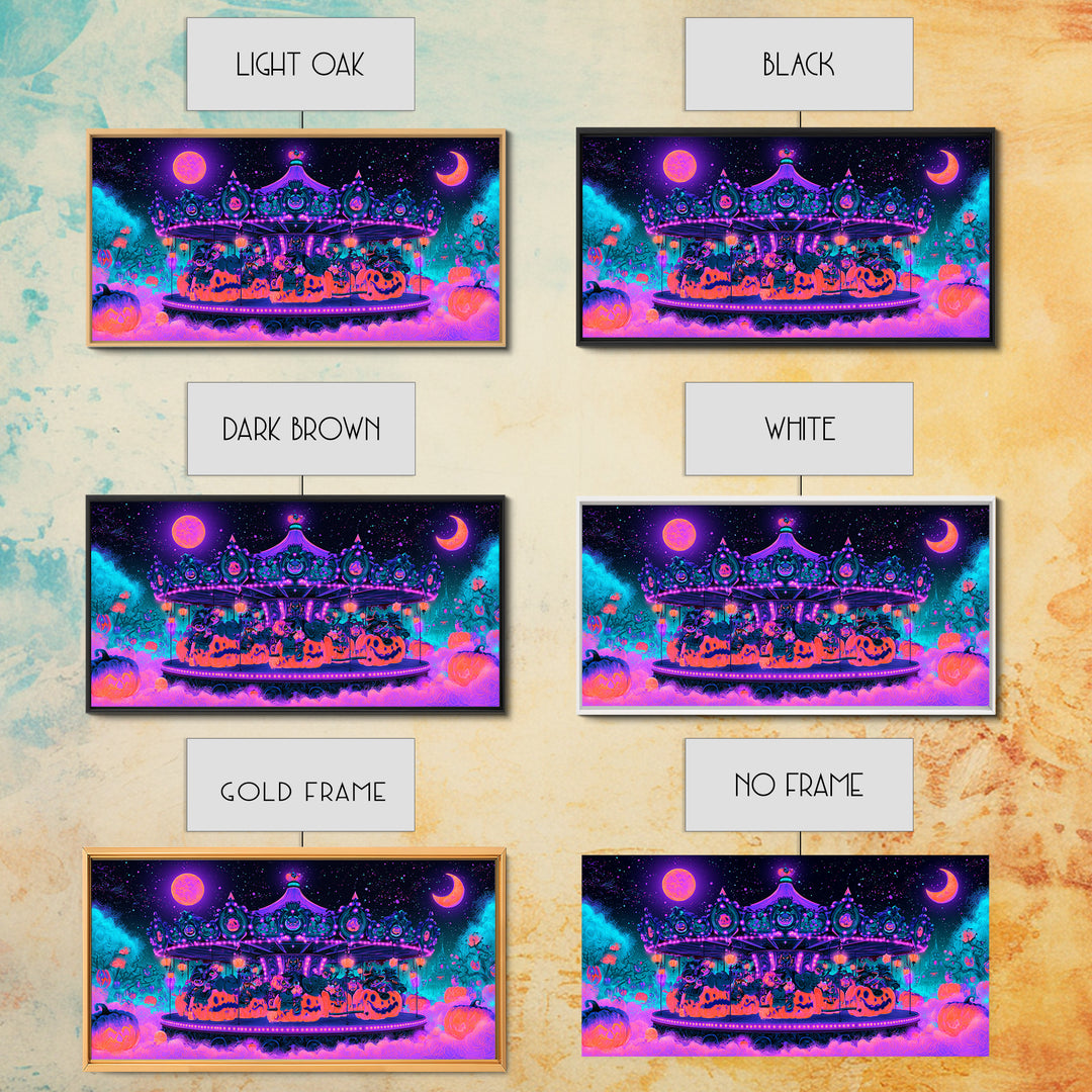 The Pumpkin Carousel, Synthwave Halloween Art, Wide Panoramic Art, Canvas Print, Retro Halloween Decor, Neon Wall Art, Statement Wall Art