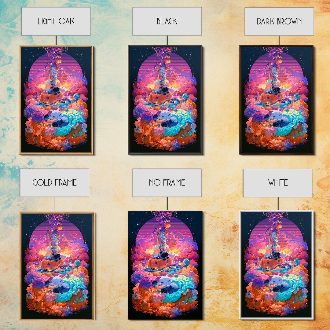 The Pumpkin Sailboat, Vaporwave Halloween Decor, Vertical Wall Art, Framed Canvas Print, Retro Halloween Decor, Neon Wall Art