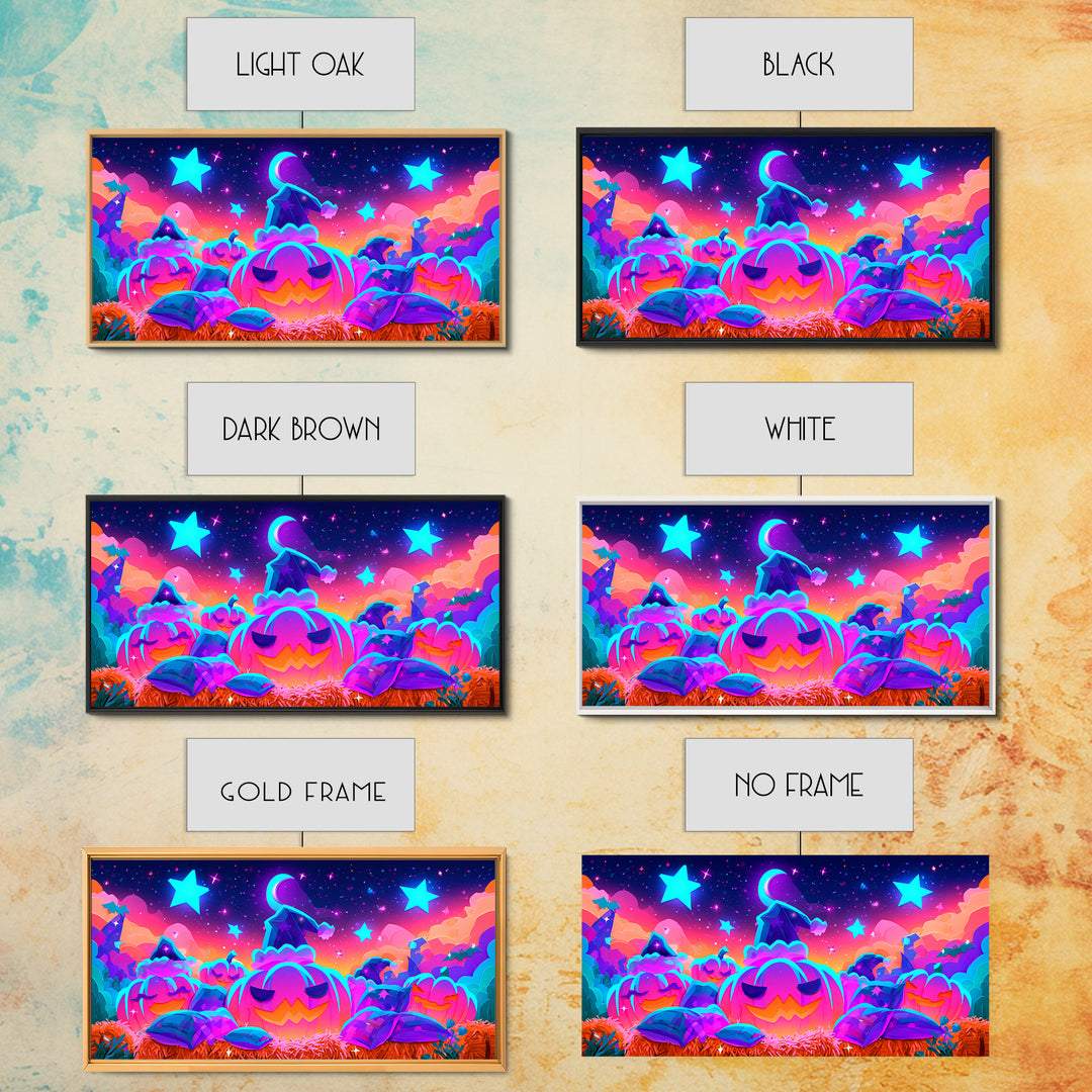 The Pumpkin Pajama Party, Synthwave Halloween Art, Wide Panoramic Art, Framed Canvas Print, Retro Halloween Decor, Neon Wall Art