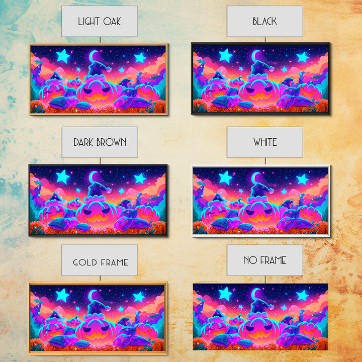 The Pumpkin Pajama Party, Synthwave Halloween Art, Wide Panoramic Art, Framed Canvas Print, Retro Halloween Decor, Neon Wall Art